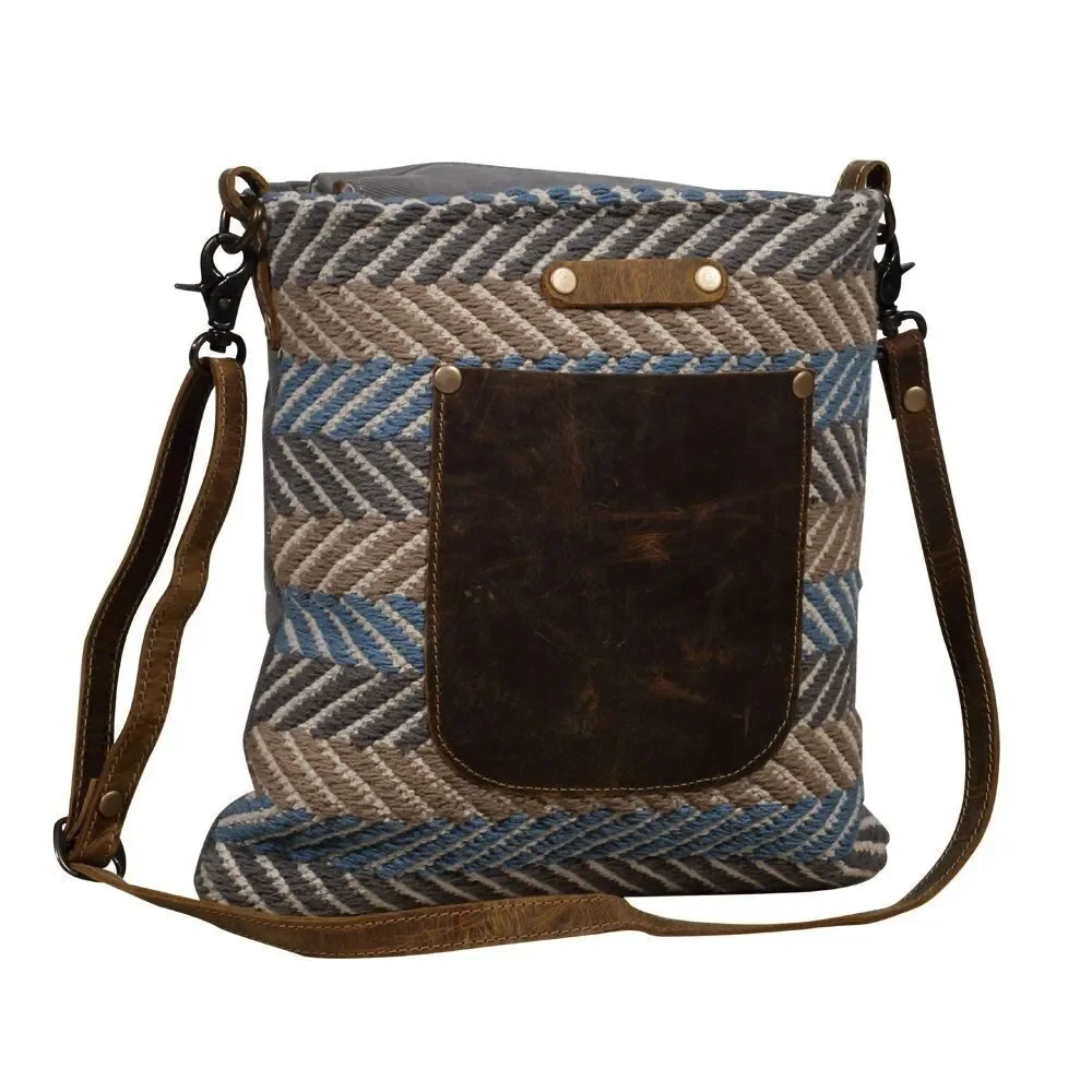 Myra Bag Handmade Blue Shoulder Bag Upcycled Canvas & Cowhide Leather
